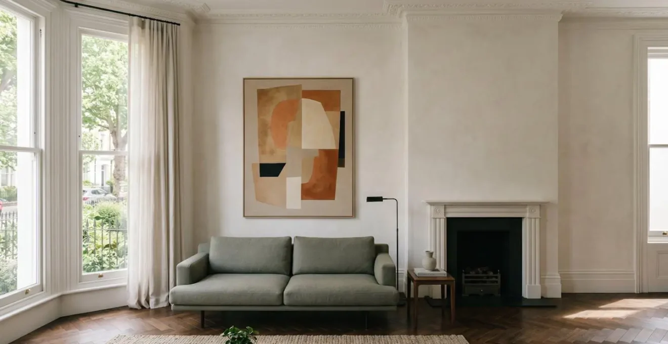 Contemporary abstract painting harmonizing with modern British interior design featuring heritage architecture and neutral color palette