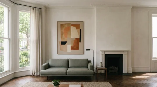 Contemporary abstract painting harmonizing with modern British interior design featuring heritage architecture and neutral color palette