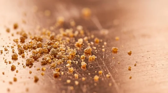Close-up view of rosin particles on copper plate surface showing granular texture for aquatint printmaking technique