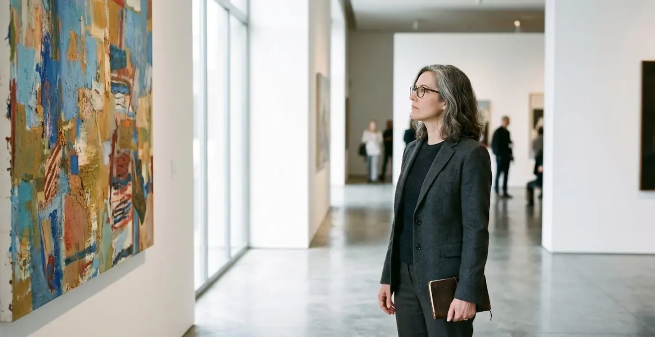 Art critic carefully observing contemporary artwork in a gallery setting with dramatic natural lighting