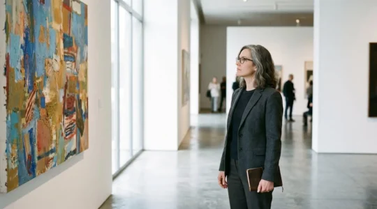 Art critic carefully observing contemporary artwork in a gallery setting with dramatic natural lighting