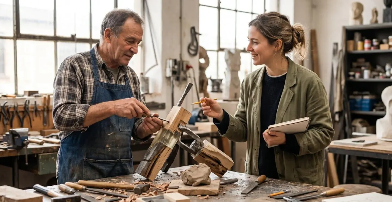 Traditional craftsperson and contemporary artist collaborating in workshop space