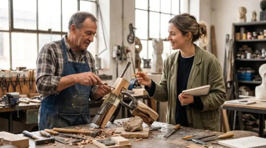 Traditional craftsperson and contemporary artist collaborating in workshop space