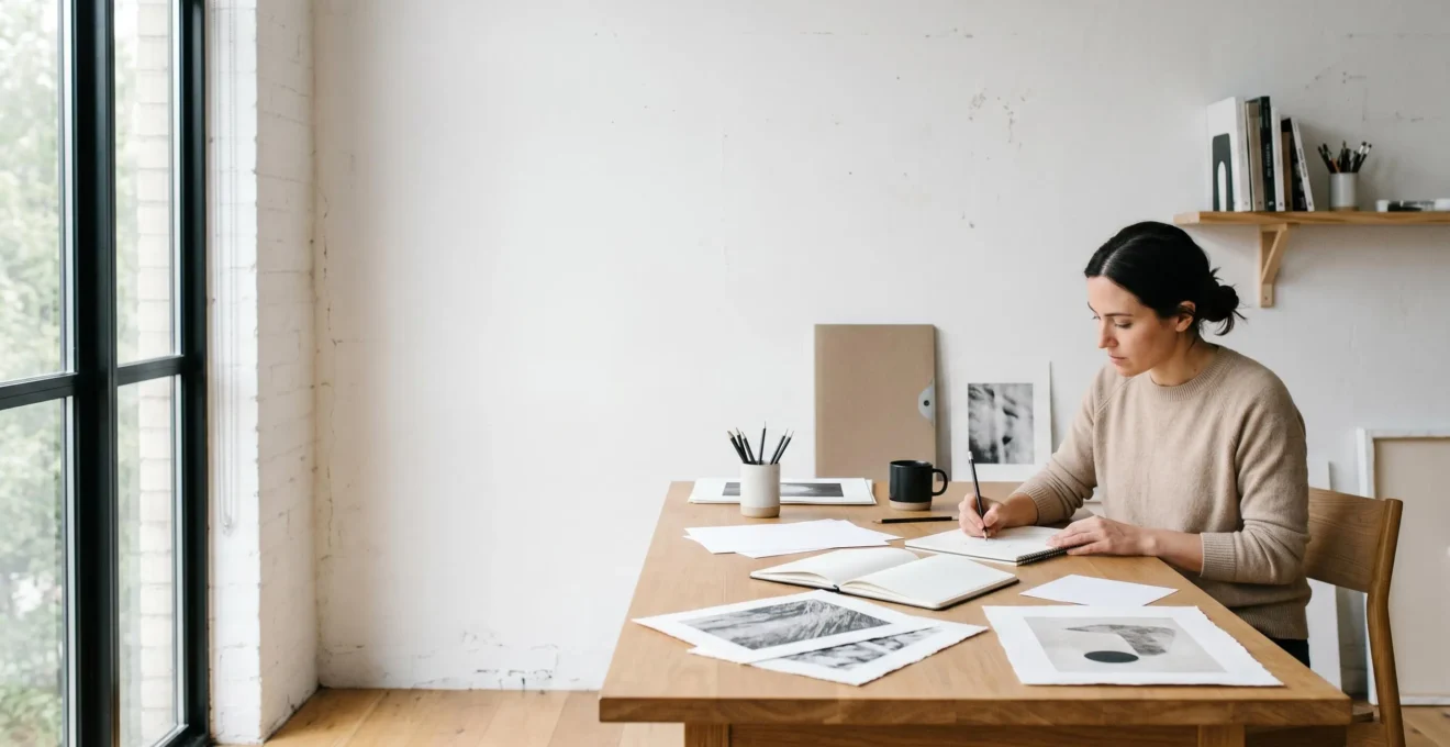 Professional artist working on biography document in modern studio workspace with gallery materials