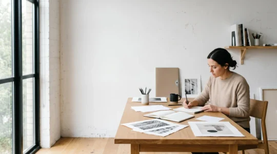 Professional artist working on biography document in modern studio workspace with gallery materials