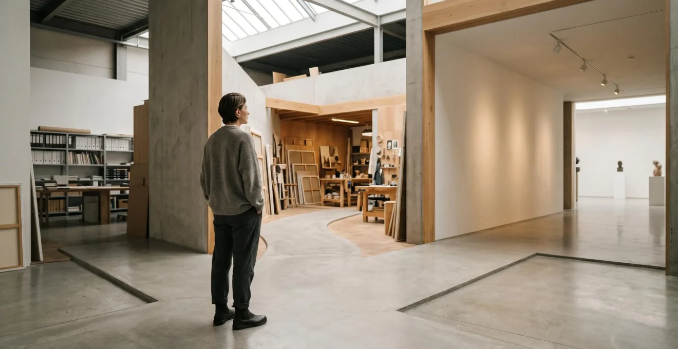 Artist standing at a crossroads between multiple creative pathways, contemplating next career moves after initial success