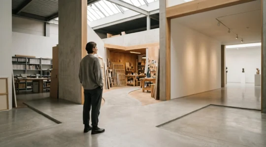 Artist standing at a crossroads between multiple creative pathways, contemplating next career moves after initial success