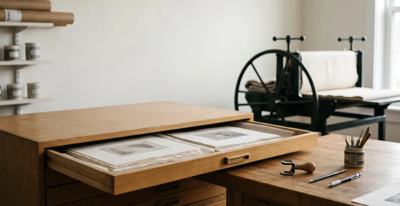 Professional printmaking studio setup showing artist signing and numbering limited edition prints on archival paper