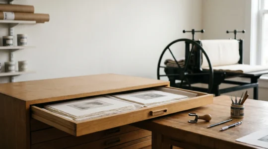 Professional printmaking studio setup showing artist signing and numbering limited edition prints on archival paper