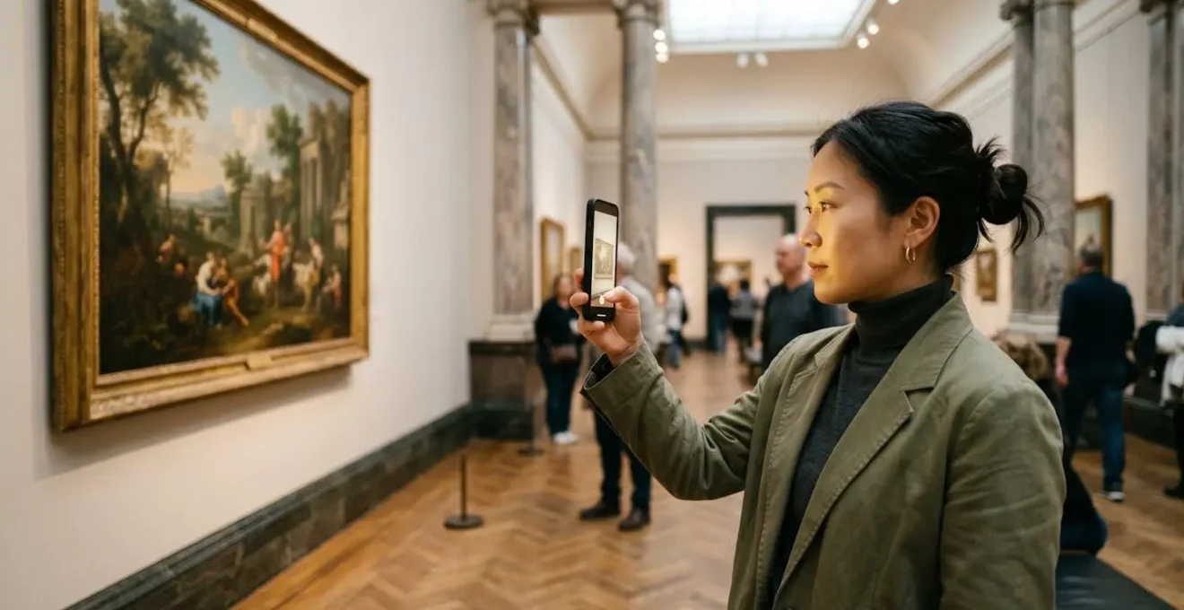 Visitor using smartphone AR app to explore artwork in prestigious London museum gallery
