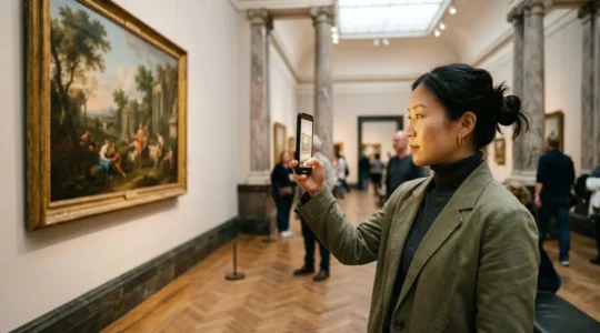 Visitor using smartphone AR app to explore artwork in prestigious London museum gallery