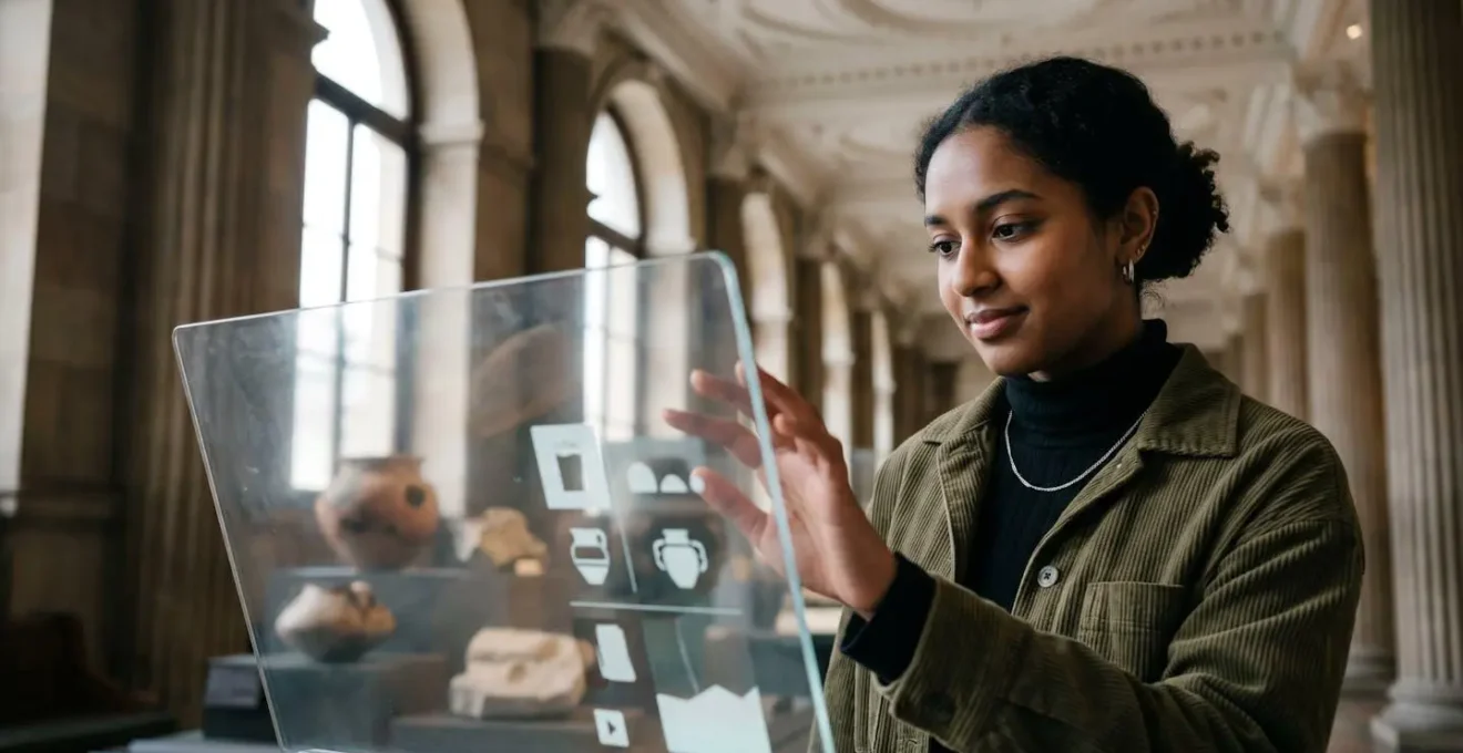 Modern museum visitor engaging with interactive digital display in British heritage institution