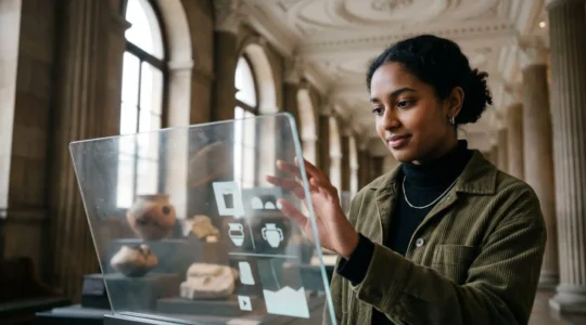 Modern museum visitor engaging with interactive digital display in British heritage institution