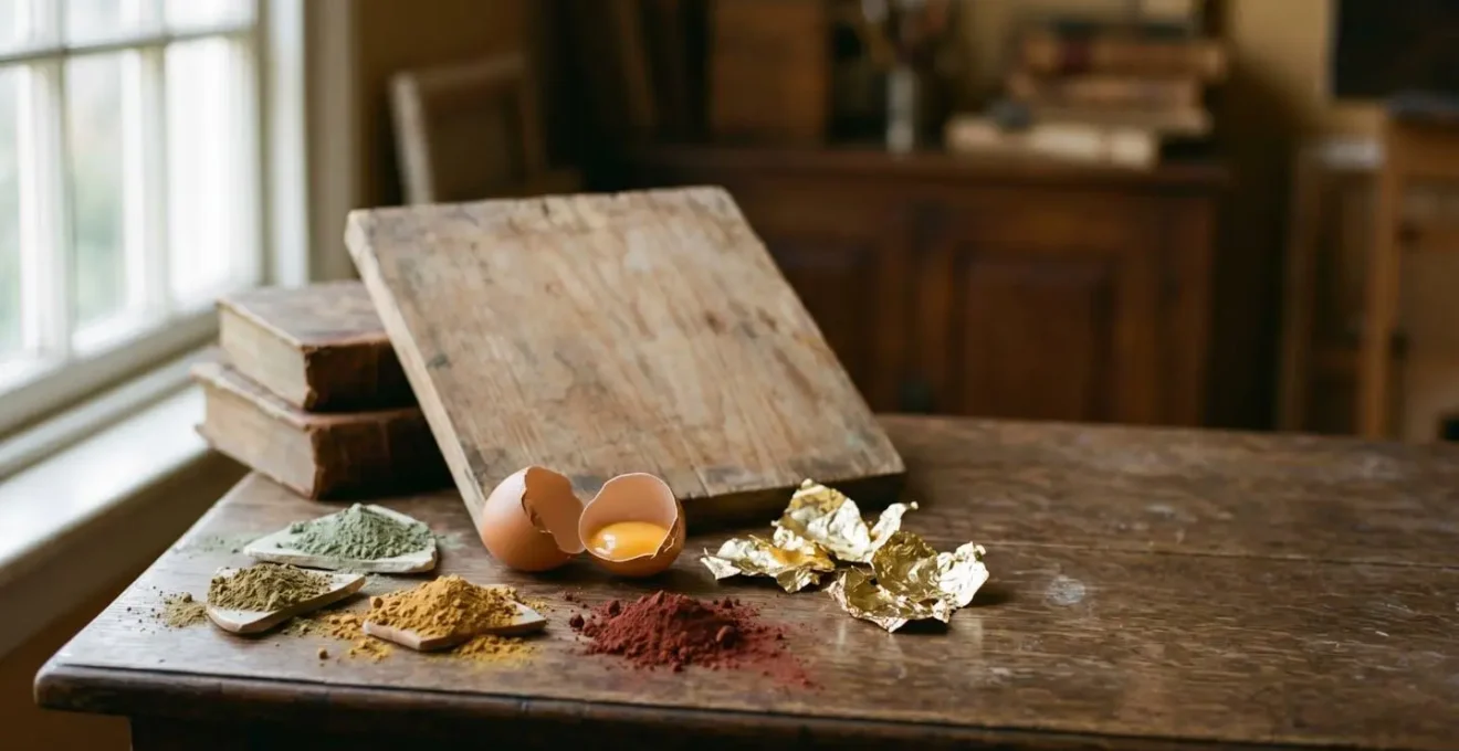 Ancient tempera painting materials arranged on weathered wooden surface showing egg yolk, mineral pigments, and gold leaf elements