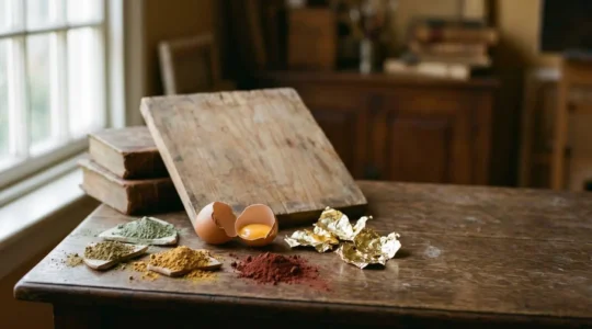 Ancient tempera painting materials arranged on weathered wooden surface showing egg yolk, mineral pigments, and gold leaf elements