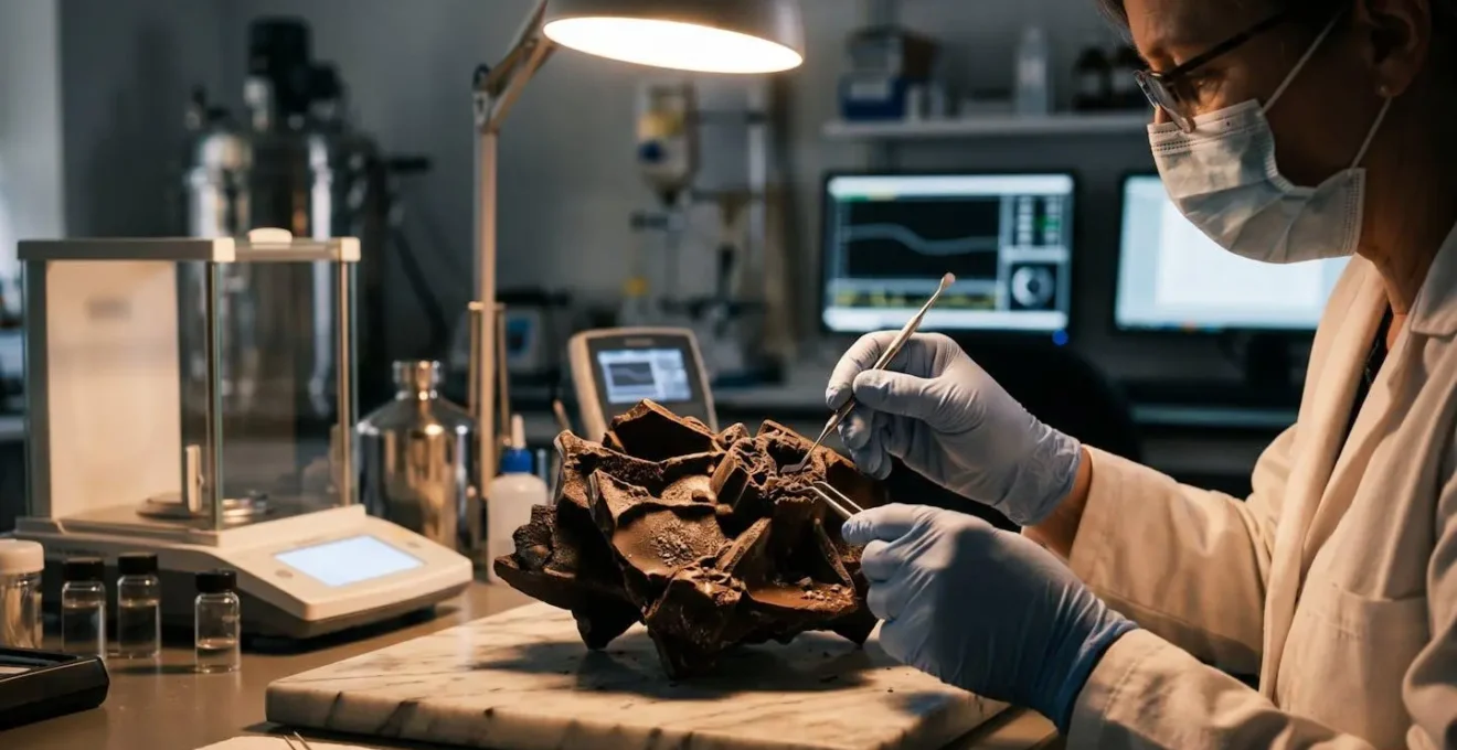 Professional art conservator carefully examining a fragile chocolate-based artwork in a climate-controlled museum conservation laboratory