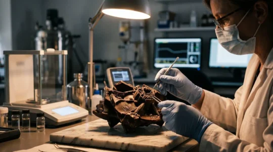 Professional art conservator carefully examining a fragile chocolate-based artwork in a climate-controlled museum conservation laboratory
