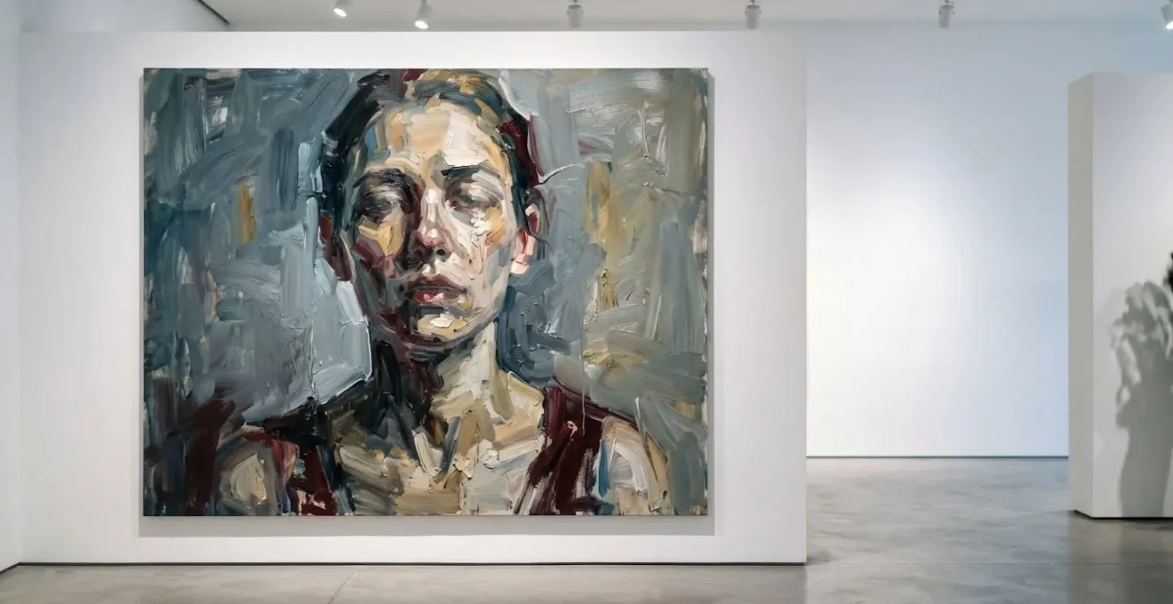 Contemporary figurative painting merging traditional portraiture with modern digital aesthetics in a gallery setting