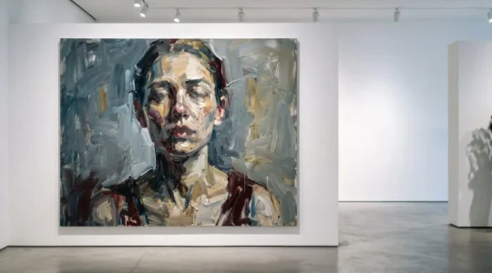 Contemporary figurative painting merging traditional portraiture with modern digital aesthetics in a gallery setting
