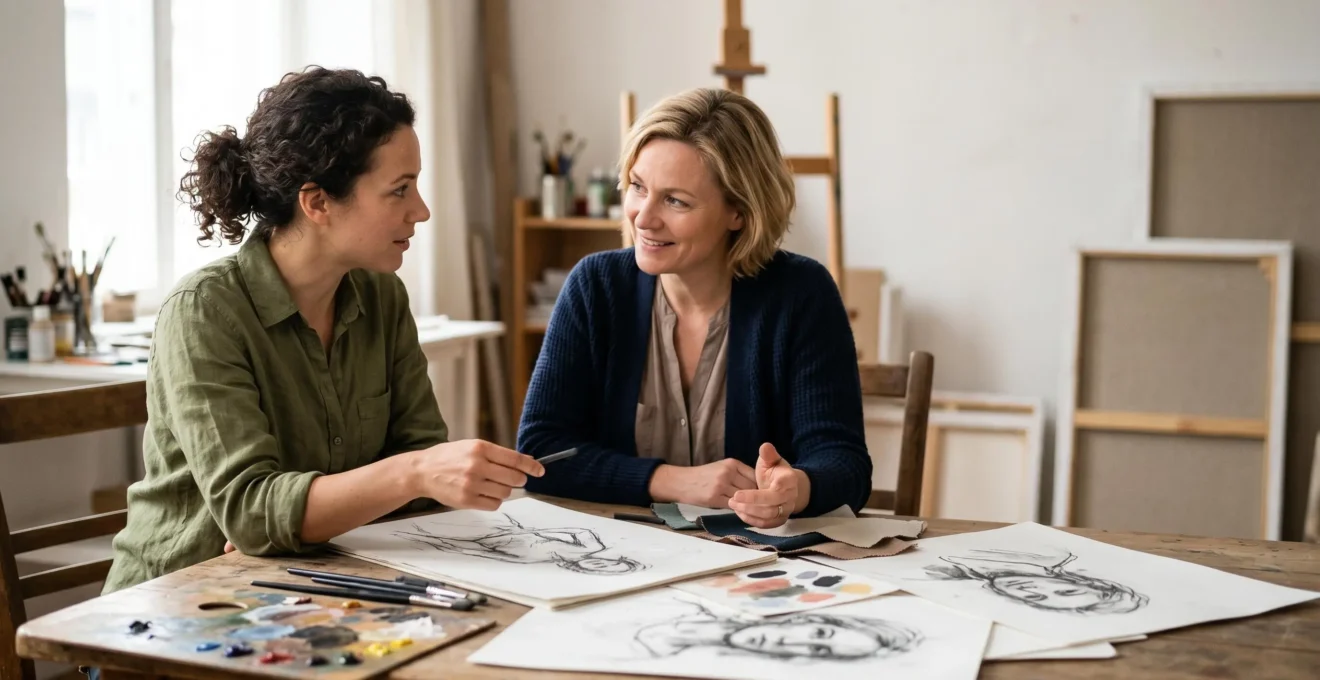 Contemporary portrait artist consulting with client reviewing sketches and personality references in natural studio setting
