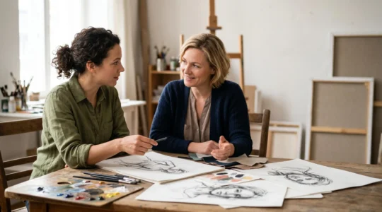 Contemporary portrait artist consulting with client reviewing sketches and personality references in natural studio setting