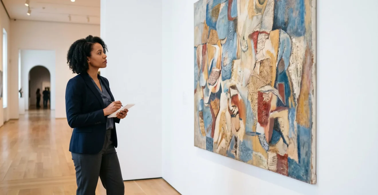 Museum curator carefully examining a contemporary artwork in a professional gallery setting with dramatic natural lighting