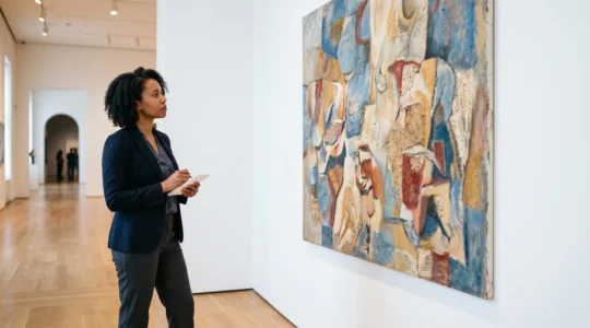 Museum curator carefully examining a contemporary artwork in a professional gallery setting with dramatic natural lighting