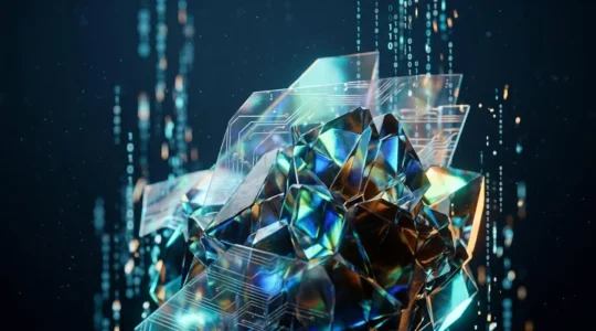 Abstract digital preservation concept with fragmented pixels and data streams