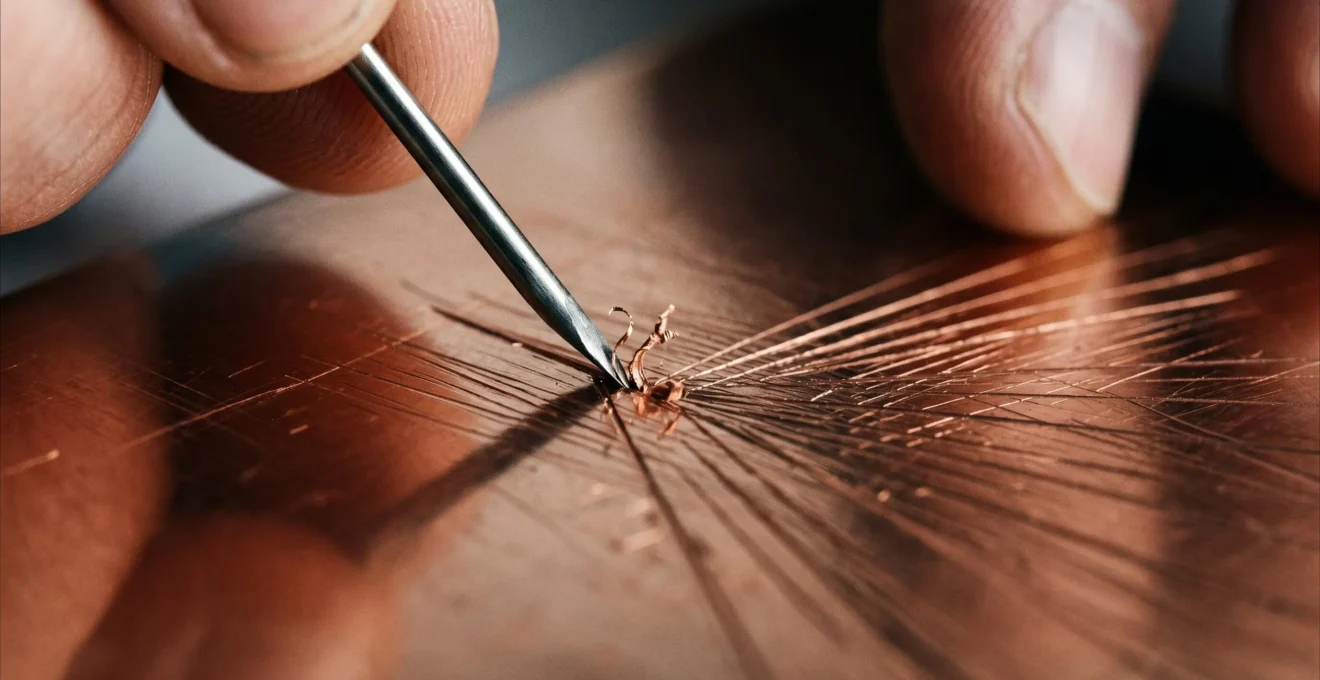 Close-up of artist's hand drawing on copper plate with drypoint needle creating raised burr