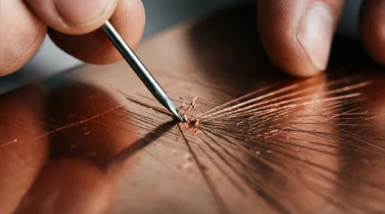 Close-up of artist's hand drawing on copper plate with drypoint needle creating raised burr