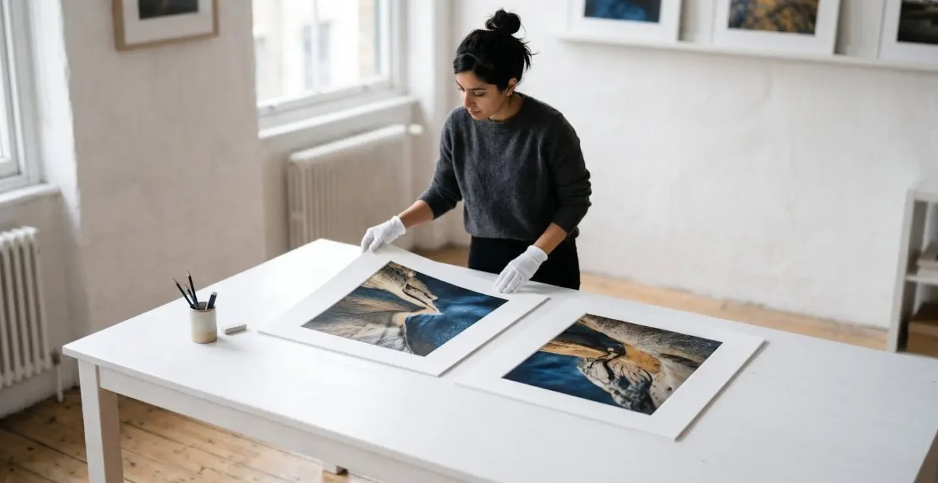 Professional photographer examining fine art prints in a gallery studio setting