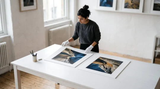 Professional photographer examining fine art prints in a gallery studio setting