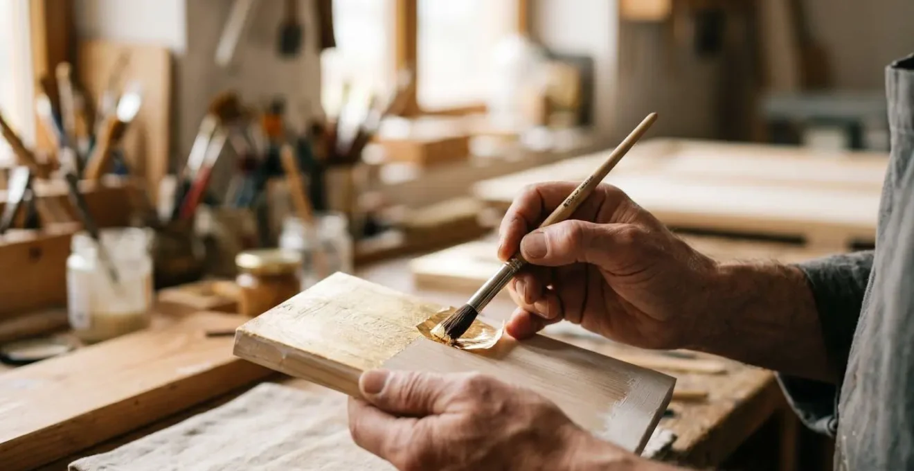 Close-up of an artist's hand delicately applying gold leaf to a prepared surface with traditional tools in natural studio light