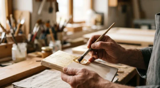 Close-up of an artist's hand delicately applying gold leaf to a prepared surface with traditional tools in natural studio light
