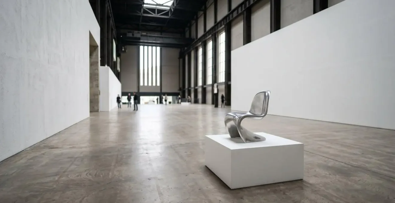 Contemporary gallery space showcasing design objects as fine art installations in modern British museum context