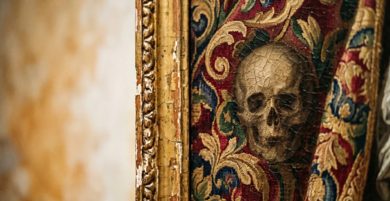 Close-up detail of historical painting showing mysterious symbolic objects and hidden visual clues