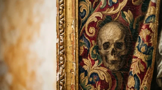 Close-up detail of historical painting showing mysterious symbolic objects and hidden visual clues