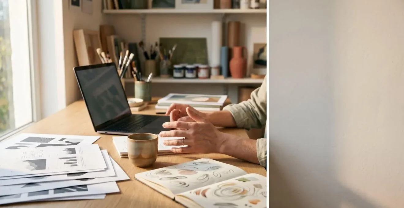 Independent artist reviewing arts funding documents at minimalist workspace