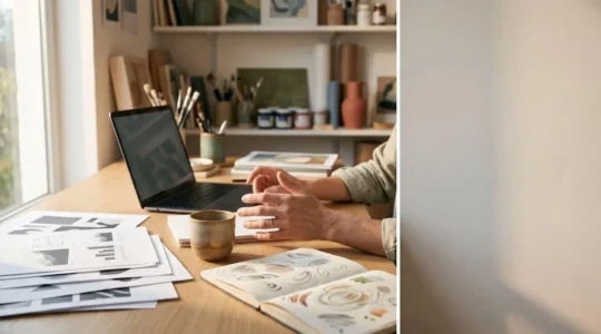 Independent artist reviewing arts funding documents at minimalist workspace