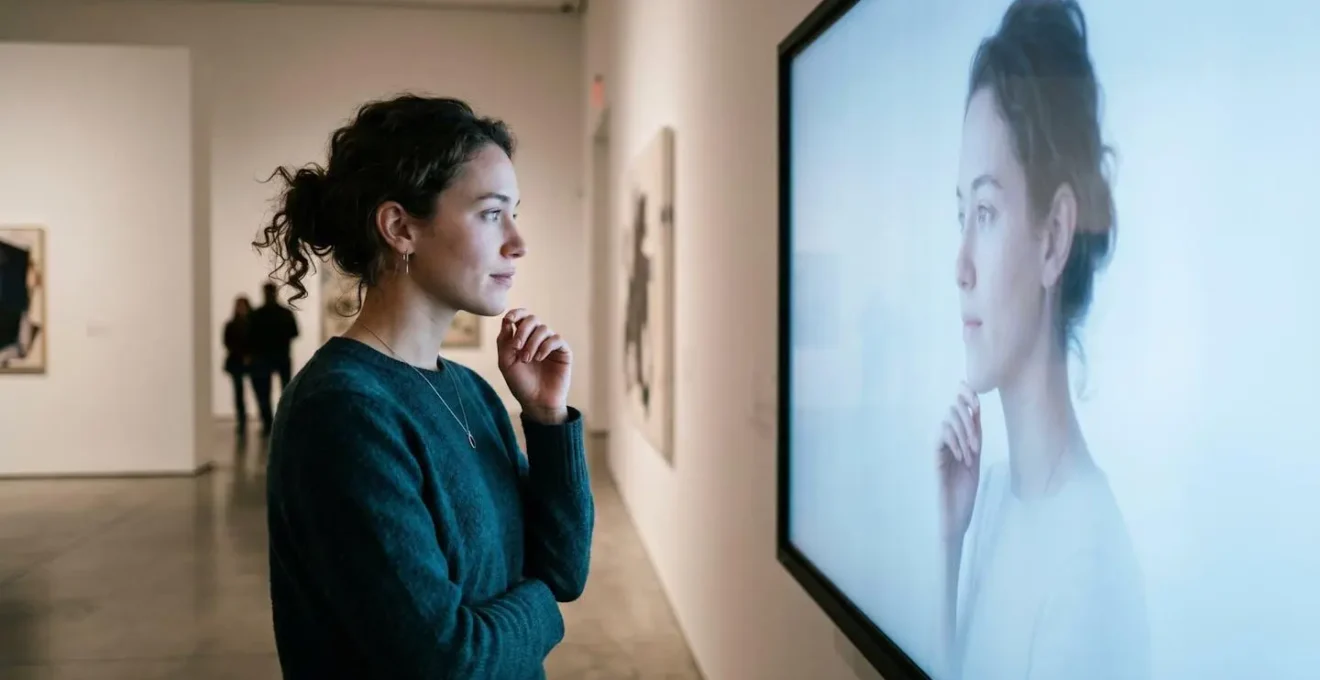Gallery visitor engaging with an interactive digital portrait display in a contemporary museum space