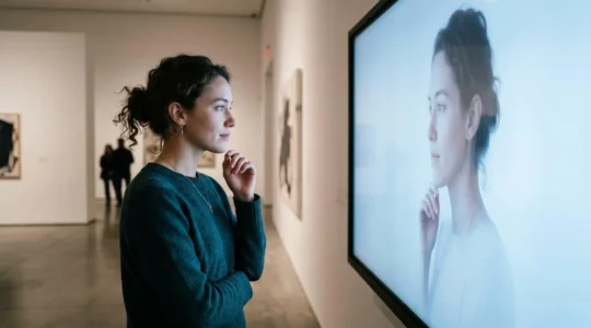 Gallery visitor engaging with an interactive digital portrait display in a contemporary museum space