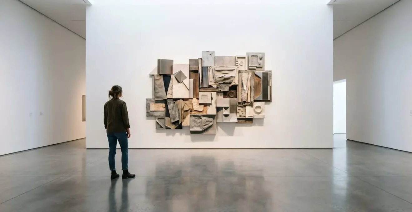 A contemplative visitor standing before an abstract contemporary art installation in a modern gallery space