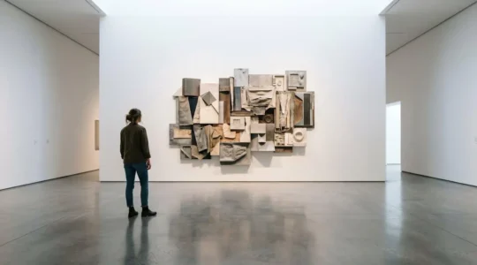A contemplative visitor standing before an abstract contemporary art installation in a modern gallery space