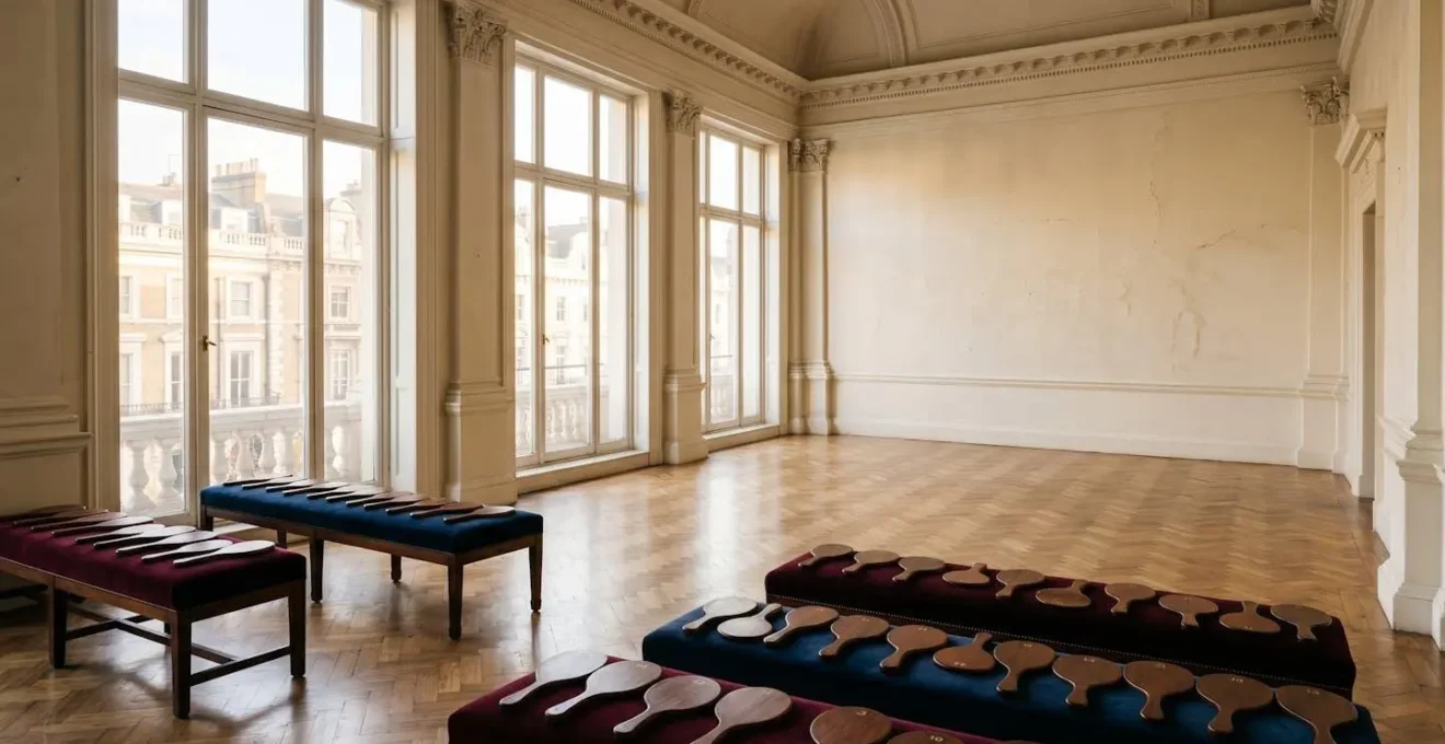 Elegant auction hall interior with dramatic lighting showcasing investment potential of British art masterpieces