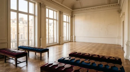 Elegant auction hall interior with dramatic lighting showcasing investment potential of British art masterpieces