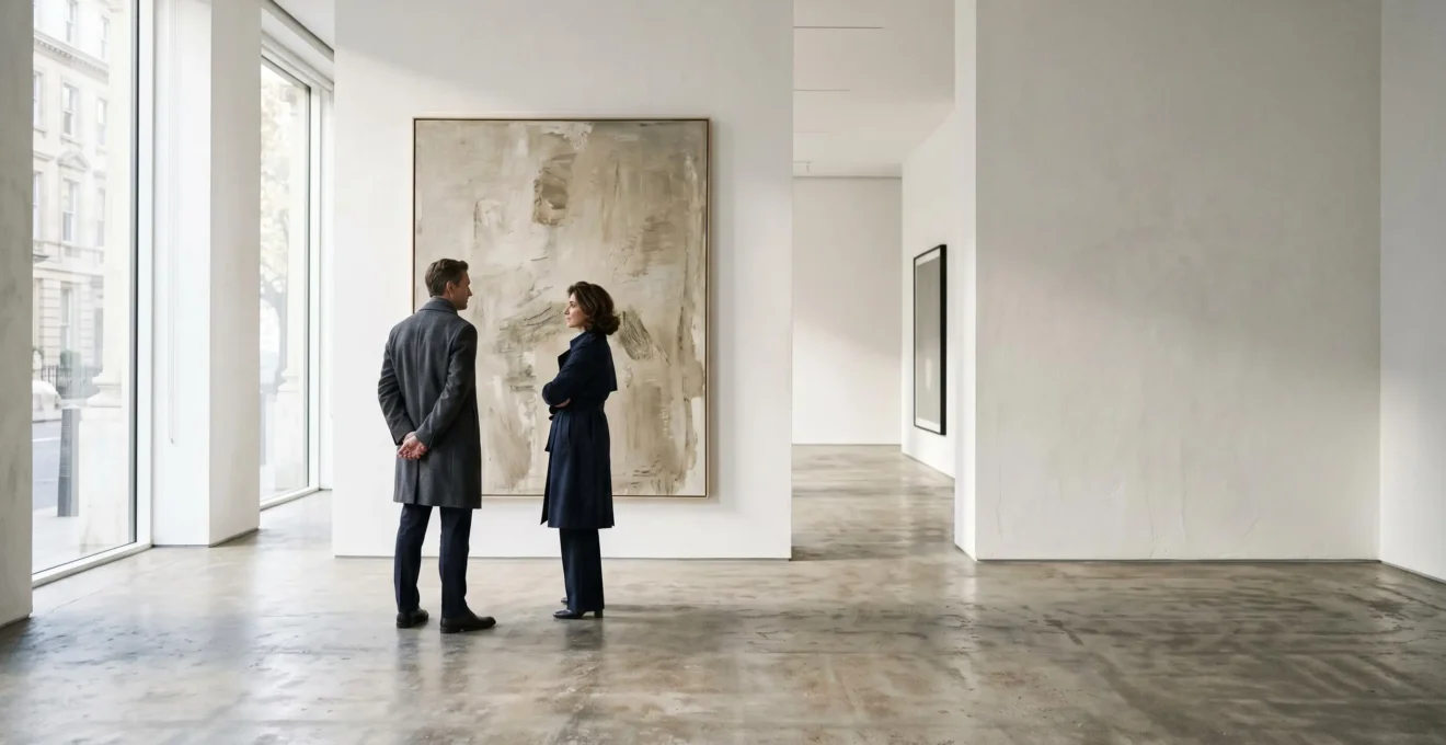 Sophisticated art collectors examining contemporary artwork in an elegant London gallery space with natural lighting