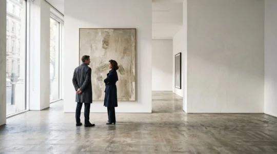 Sophisticated art collectors examining contemporary artwork in an elegant London gallery space with natural lighting