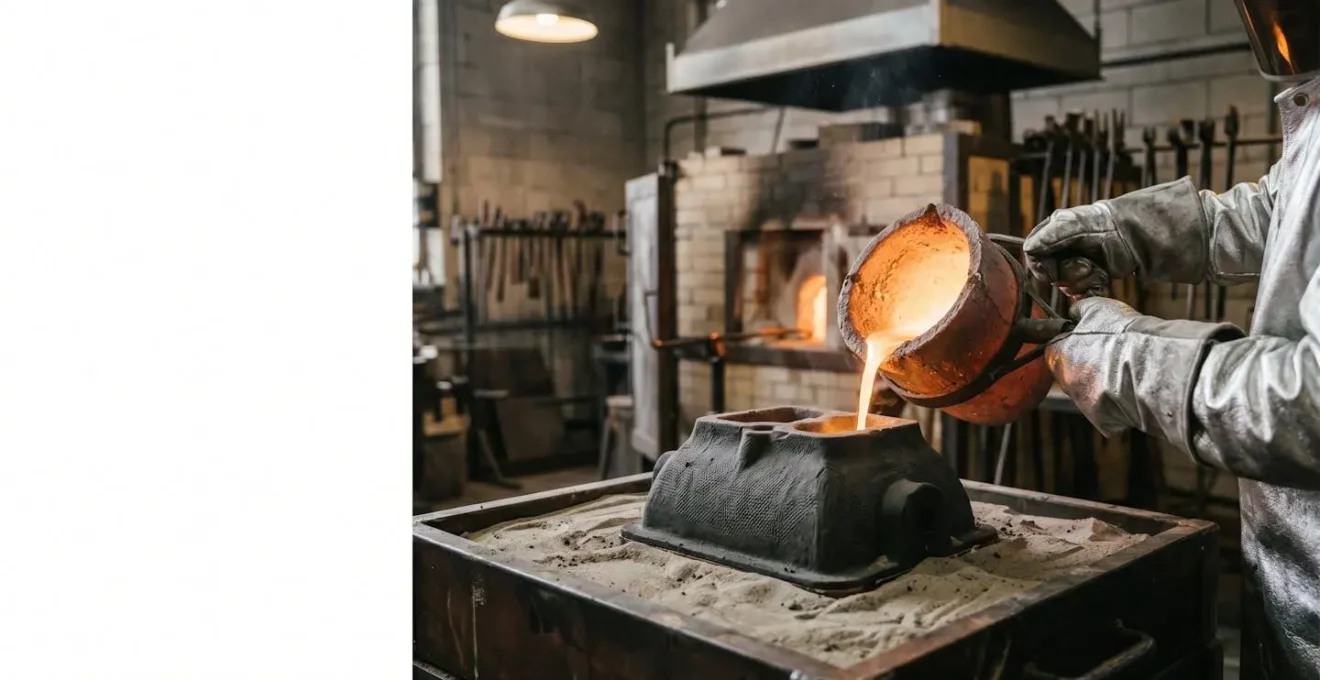 Molten bronze being poured from a crucible into a ceramic shell mold during the lost wax casting process