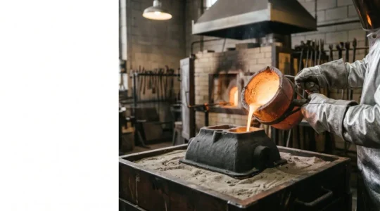 Molten bronze being poured from a crucible into a ceramic shell mold during the lost wax casting process