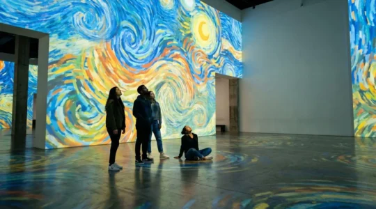 Young visitors interacting with floor-to-ceiling immersive art projections in a contemporary gallery space